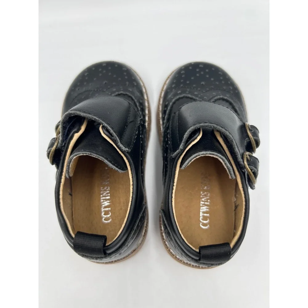 CCTWINS Kids Black Wingtip Brogue Double Monk Strap Dress Shoes Size 23 165